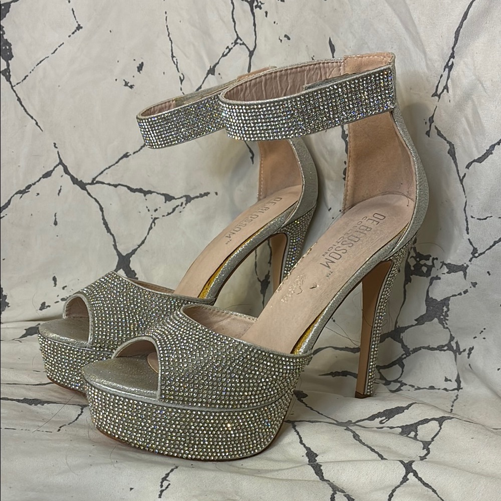 De Blossom Collection Silver Rhinestone Heels
